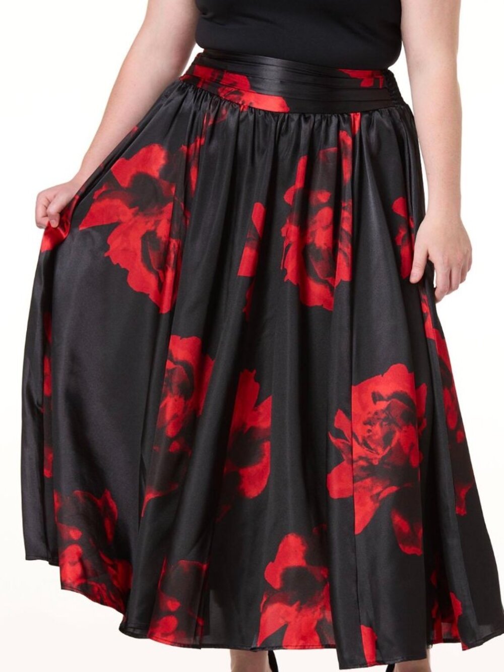 Black Red Dark Floral Satin Maxi Skirt Plus Size 14/16P Romantic